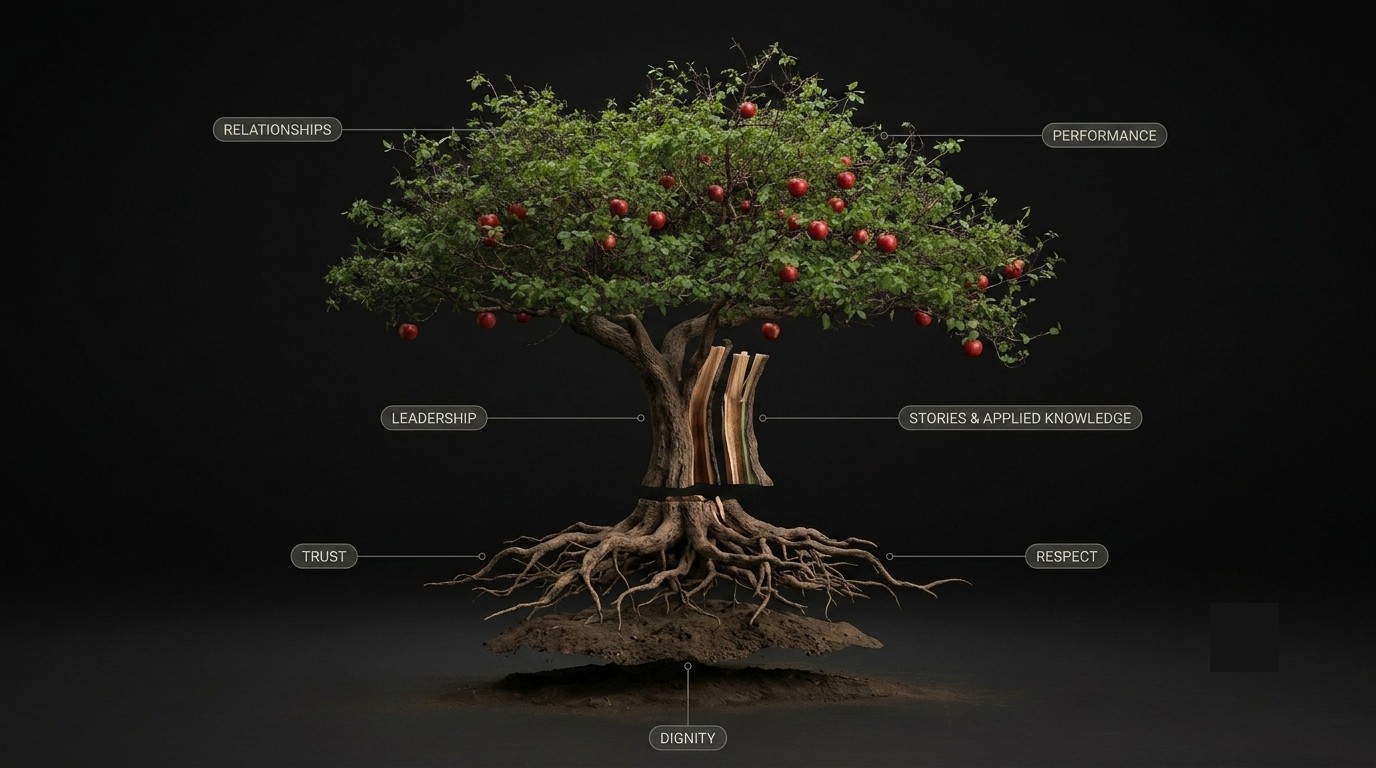 The OrgTree diagram exploded into its parts: roots of trust, trunk of leadership, branches of contribution, and fruit of performance.